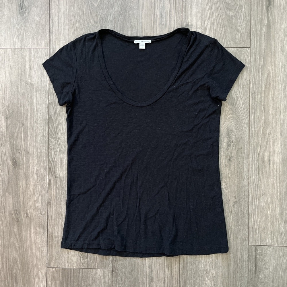 James Perse Womens Sz 1 Short Sleeve Drop Collar Shirt Black